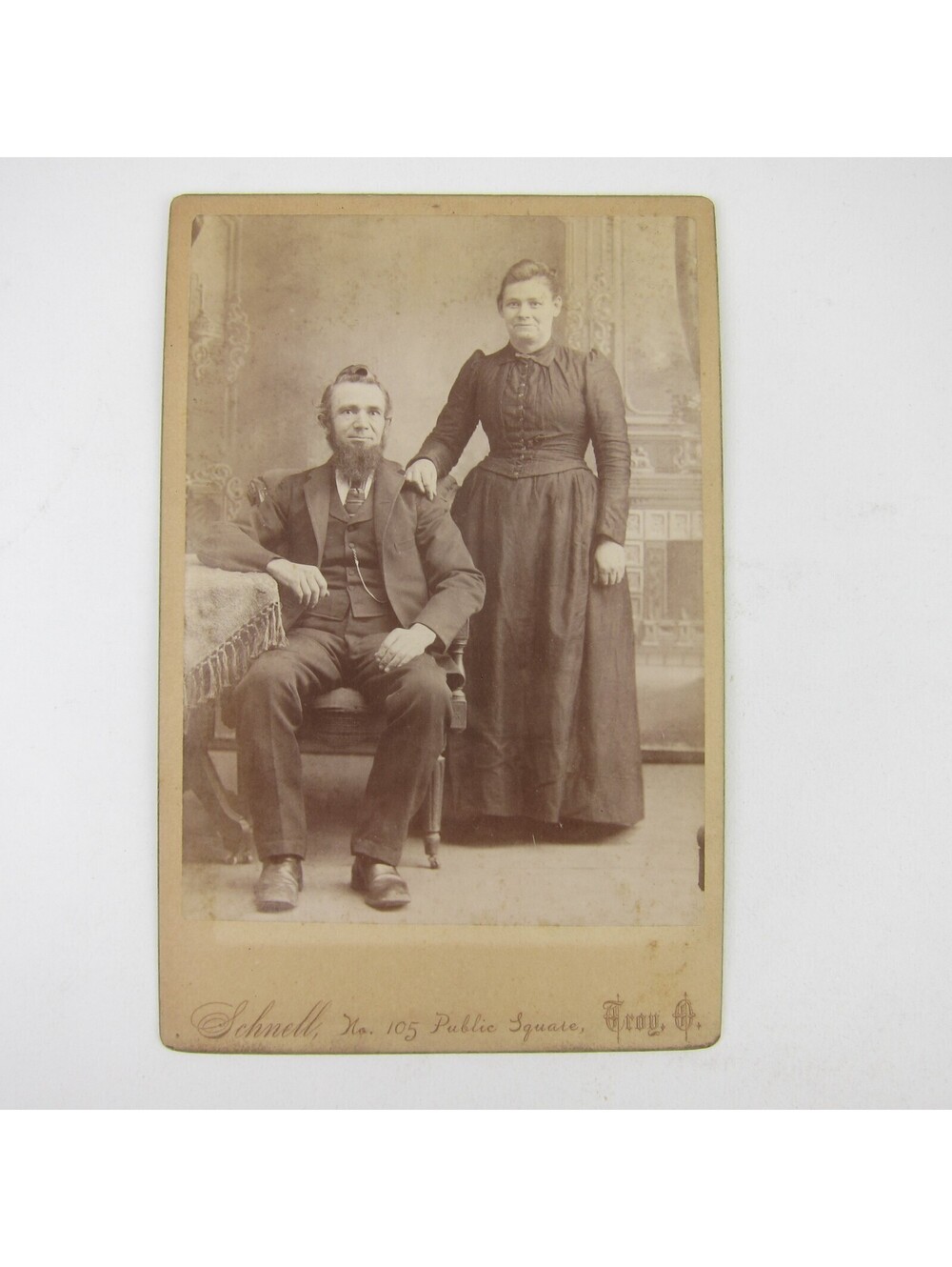 Cabinet Card Photograph Man Sits & Woman Stands at Table Troy Ohio Antique c1900